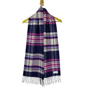 Highland House Lambswool Cashmere Plaid Scarf Pink Purple Fringe 63x11 Nordic